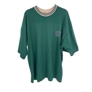 Vintage 90s DKNY Jeans Green Cream Chest Logo Graphic Print Ringer T-Shirt USA